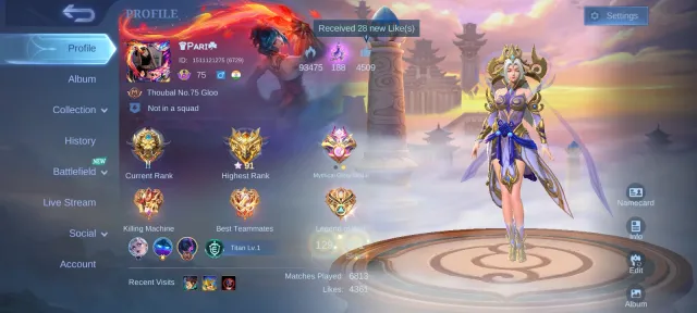 Prime Granger, Lucky Box Selena Roger Odette, Star Angel, TP Lightning, Max Emblems, Global 🔥, Sale, Rank: Mythical Glory, Level: 105, Win Rate: 50%, Heroes: 129, Skins: 301