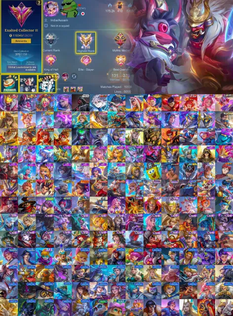 ✨ Franco Legend ✨ Cyclops Collector ✨ Pharsa NeoBeast ✨ Harith Killua ✨ Leomord Ducati ✨ Argus Star, Продажа, Ранг: Мифический Бессмертный, Уровень: 104, Процент побед: 70%, Герои: 133, Облики: 370