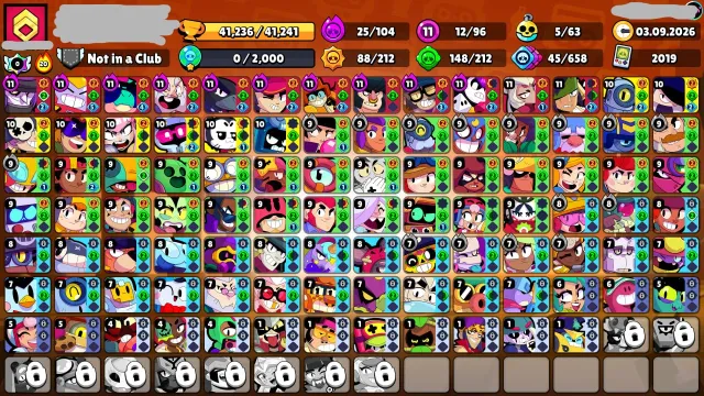 🤍41k🤍96/106🤍12 11 POWER🤍25 HYPER🤍152 SKINS🤍7 TITLES🤍5 BUFFS🤍, 41000 trophies, 96 brawlers