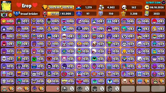 🏆100𝐊🏆⭐️97ПРАЙМОВ 🟡56𝐊 монет🟡💎132Кристалла💎✨24К БЛИНГОВ, 100694 кубков, 103 бравлеров, 97 праймов