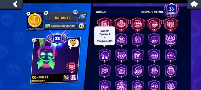 Brawl Stars account 54k trophies 5 2 primes many skins and others I will rebind to you, 54000 trophies, 94 brawlers, 33 primes