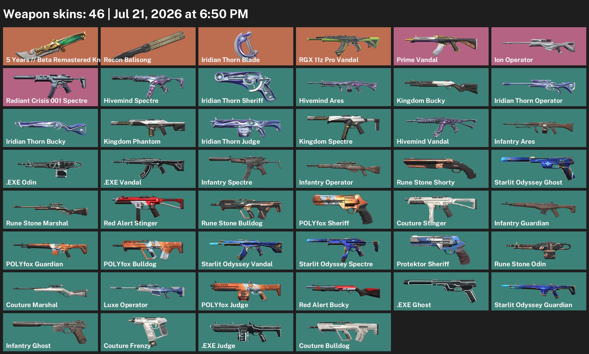 46 Skin | Inventory value: ~ 20,650 VP, Sale, Gold 1, Agents: 22, Skins: 46