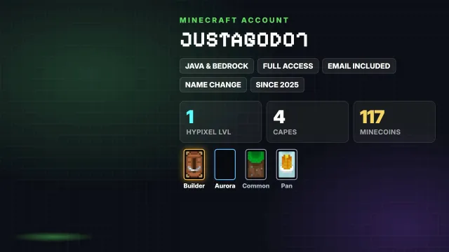 🦸 Cloaks (4): Builder, Aurora, Common, Pan ✅ Java & Bedrock & full access, Sale, All account data