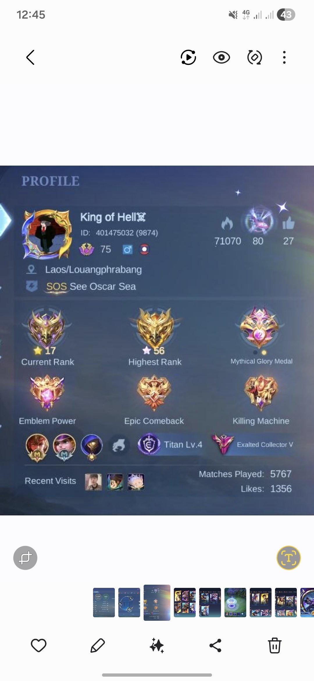 ➤Exalted➤AoT Eren Yin➤Lucky Fanny⇨Alpha⇨Akai⇨Alice⇨➤Star Lesly⇨49 Deluxe➤MC 162➤Epic Recall, Sale, Rank: Mythic, Level: 75, Winrate: 53%, Heroes: 132, Skins: 342