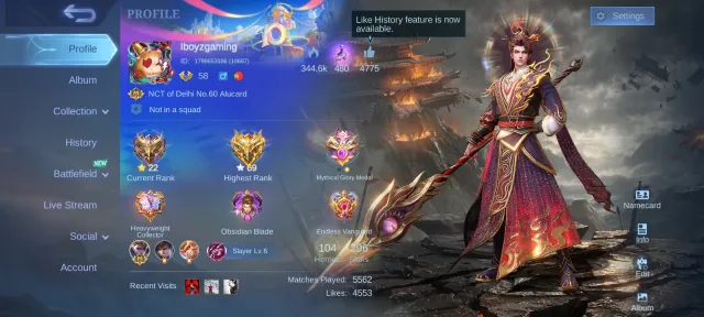 Legend Alucard, Libra Chou, Prime Granger, KOF, Collector, Lucky Box, TP Void, Global 🔥, Sale, Rank: Mythical Glory, Level: 88, Win Rate: 52%, Heroes: 104, Skins: 296