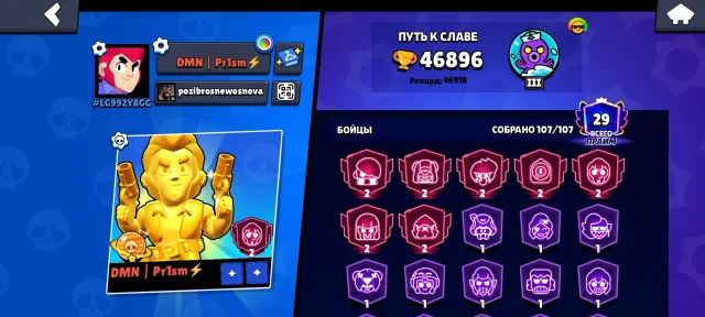 Cool account 47k trophies 29 primes of which 7 are second. Skins worth 42k gems, 47000 trophies, 107 brawlers, 29 primes