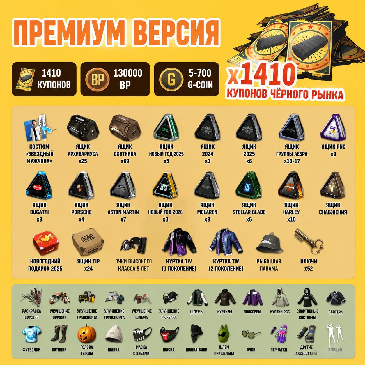 🔥1410 Coupons🔥260+ Chests 🔥130,000 BP 🔥52 Keys 🔥5–700 G-Coin🔥Skins, No BATTLEGROUNDS Plus