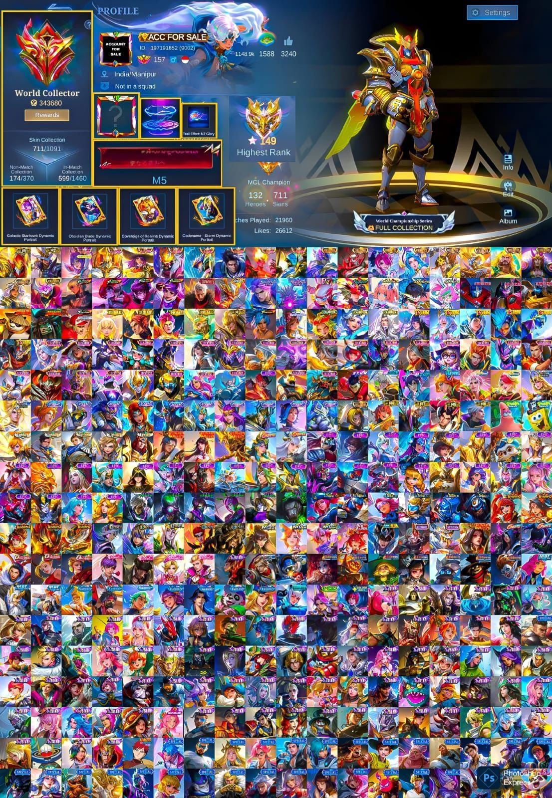 🆔✅ World Collector | High Win Rate | Large Number of Skins, Sale, Rank: Epic, Level: 150, Winrate: 66%, Heroes: 132, Skins: 712
