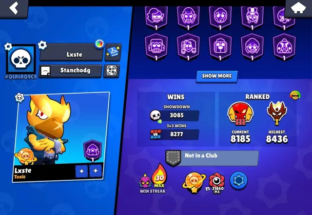 🏆Top account with good levelling and cool skins🏆, trophies 77874, brawlers 104, primes 44