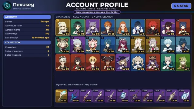 🚀 ⟦ GENSHIN ⟧ [EU] 5 Leg: 🌪Xiao ⚡Keqing 💧Tartaglia ❄️Aloy 💧Yelan 🔥Diluc ✨ #4F8KPH, Any platform, Email linked, Lumine, Levelled up, AR 45