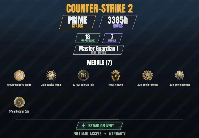 【CS2 Prime💎1500h🎯7 medals】 10-year veteran coin, Service medal 2016, Service medal 2017, Sale, With inventory, Has PRIME