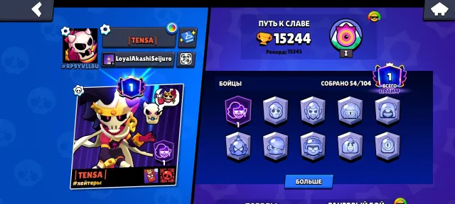 15,000🏆, 54 brawlers, 18,000 blings, 74 skins, 1 prime, trophies 15200, brawlers 54, primes 1