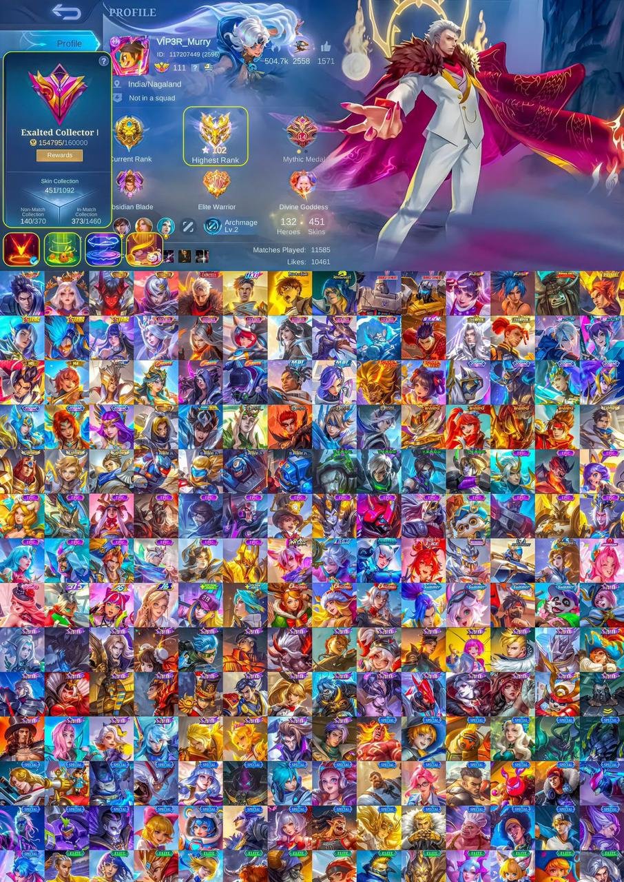 ALU LEGEND LUNOX LEGEND DUROTH COLLECTOR YUZUHONG EXORCIST BENEDETA COLLECTOR YIN AOT, Sale, Rank: Mythical Immortal, Level: 111, Winrate: 55%, Heroes: 132, Skins: 451