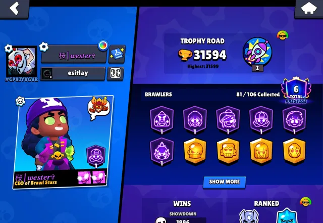 🧑🦼28/11 POWER, MANY SKINS🥱EXCELLENT ACCOUNT FOR BEGINNERS 💋, 31594 trophies, 81 brawlers