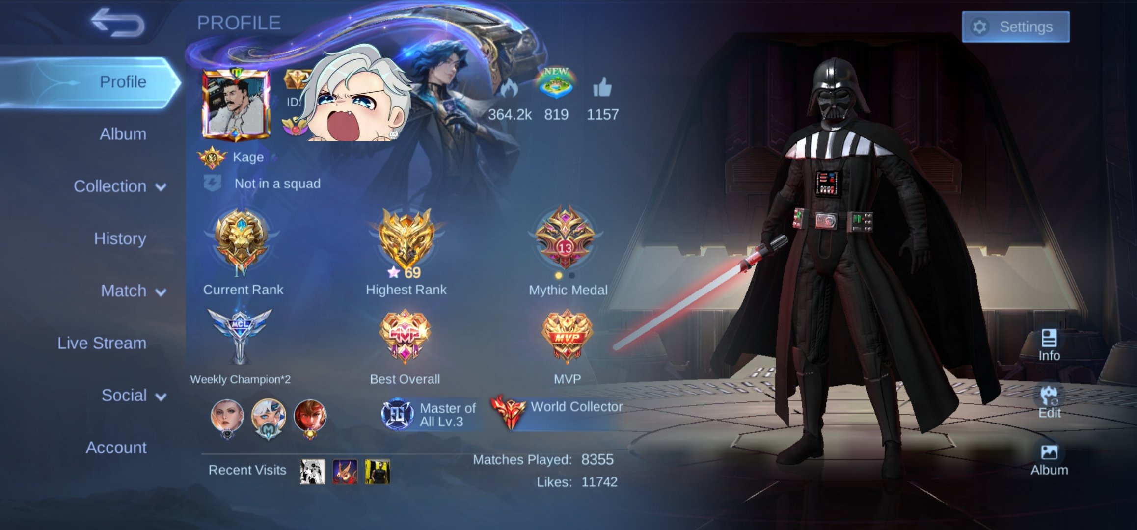 world collector | 600 skins | top fan border | 7 legends, Sale, Rank: Legend, Level: 91, Winrate: 55%, Heroes: 133, Skins: 600