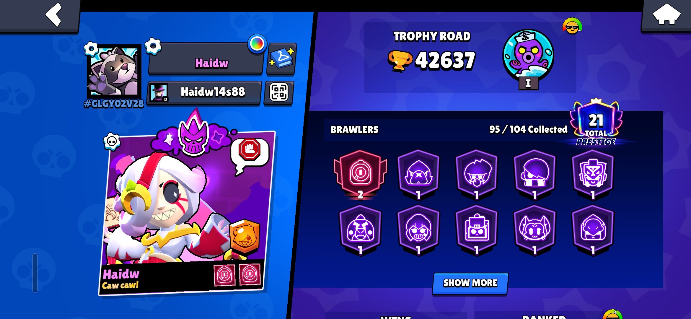 42k trophies 21 prestide 95 brawler main account, trophies 43000, brawlers 96, primes 21