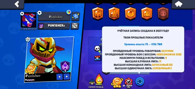 SOCK ACCOUNT, 2021 year, a lot of exclusive cosmetics + 11 purchased pro passes, 65 - 11 power, 100000 trophies, 105 brawlers, 89 primes