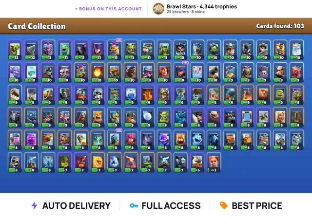 (Android/iOS) 🏆 CR King 11 🏆 Knight + Firecracker + Mortar 🏆 + BS 4,344 trophies 🏆 Full access, 15 arena, level 11, 5,000 trophies, 103 cards, No