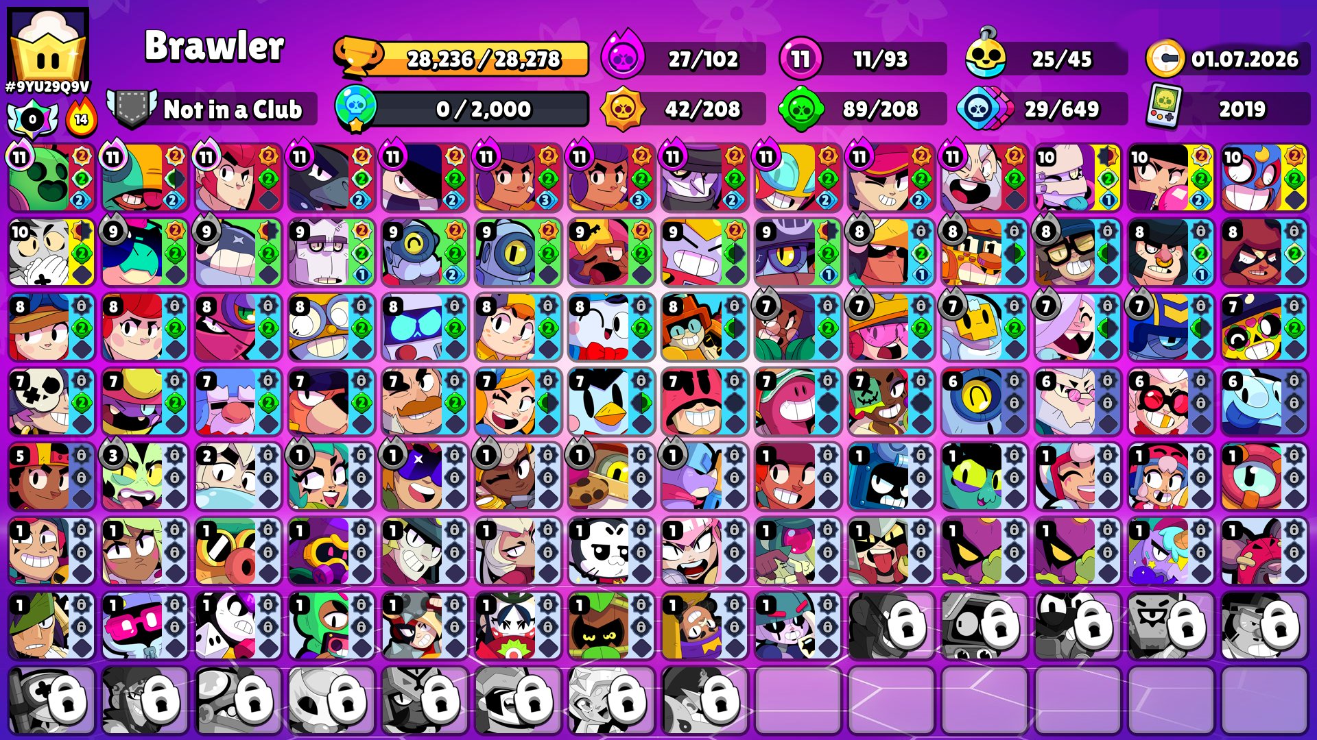 ⚠️ [AUTO] 💎 28k 🏆 94/104  11-11   Tons of Rare Skins 🥵, trophies 28000, brawlers 94, primes 6