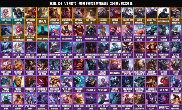 154 skins ✨ 173 champions 🏆 83.2K BE✨Pulsefire Ezreal✨Elementalist Lux✨Zombie Brand✨God Fist Lee, Sale, level 295, champions 173, skins 154, No rank
