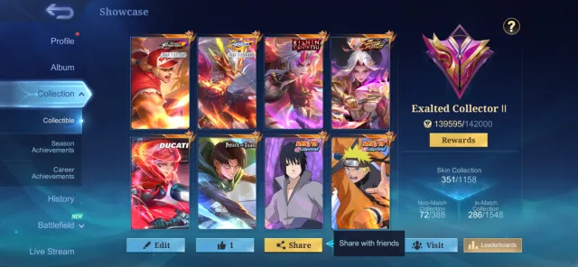 🔥 STACKED MLBB ACCOUNT | Exalted Collector II | Naruto & AOT Collabs | 351 Skins | 54% WR, Продажа, Ранг: Мифический, Уровень: 66, Процент побед: 54%, Герои: 120, Облики: 351