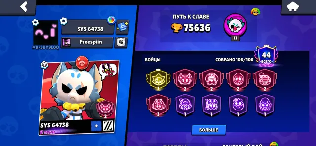 Old skins, many 11 power, detailed description see price, ask in private messages, 75000 trophies, 106 brawlers, 45 primes