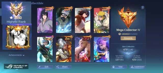 3650 stars, "Crown of Kings" frame, 11 global titles, strong histogram, core account, Sale, Rank: Mythical Immortal, Level: 207, Win rate: 72%, Heroes: 13, Skins: 484