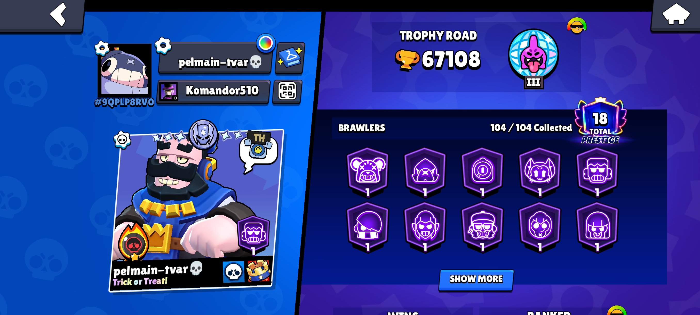 old account, Blue King Frank, trophies 67100, brawlers 104, primes 18