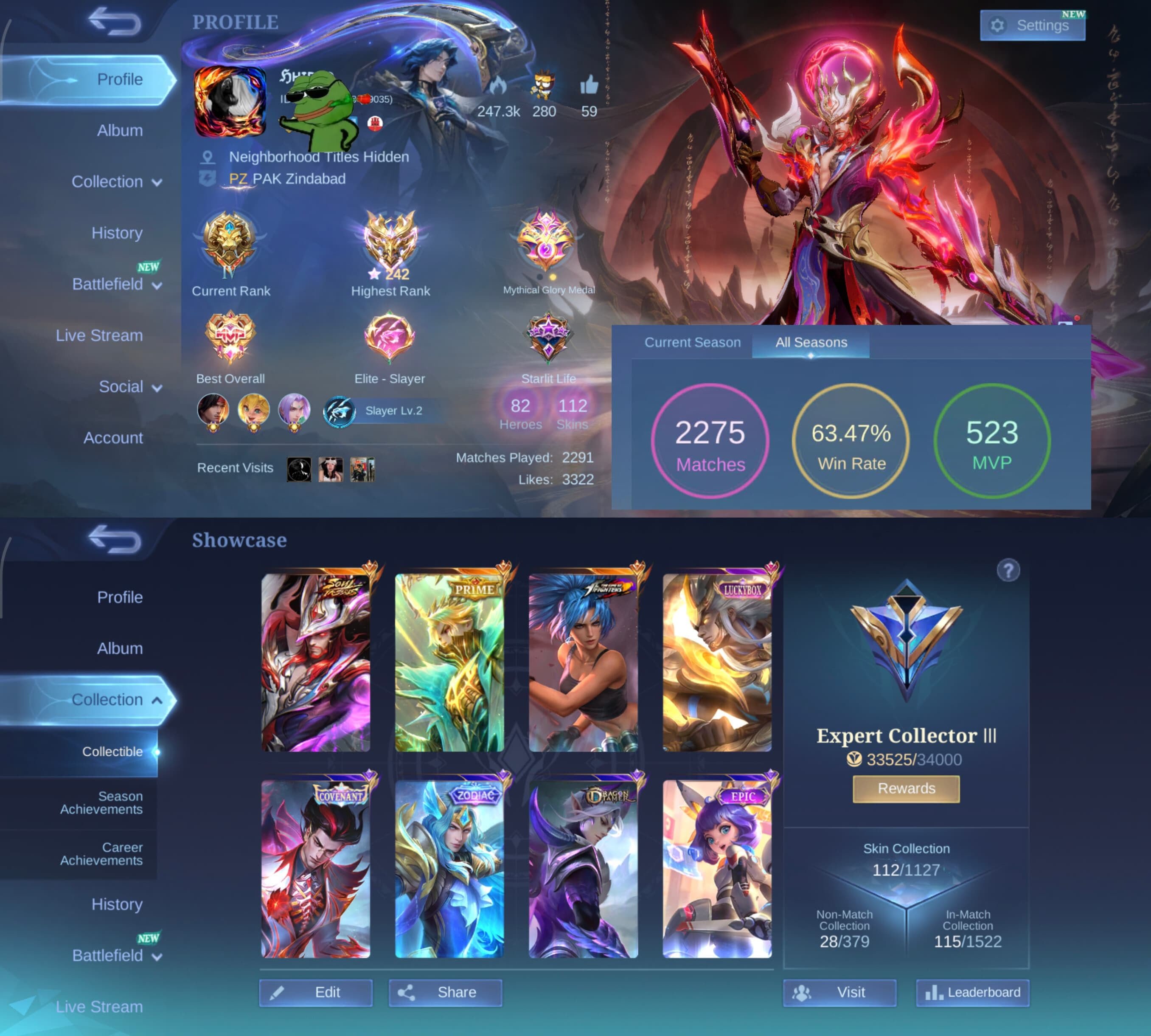 🏆 242 Immortal Stars 🌙 Clint Soul Vessel 👑 Granger Prime ✨ Natan Convinent 🥊 Karina KOF, Sale, Rank: Mythical Immortal, Level: 34, Winrate: 63%, Heroes: 82, Skins: 112