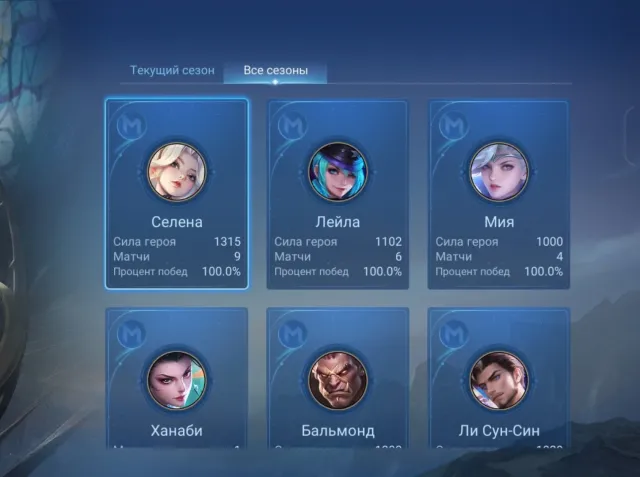 Selena Zenith, Placeholder, a couple of games, 100% win rate, Sale, Rank: Warrior, Level: 7, Win rate: 100%, Heroes: 10, Skins: 10