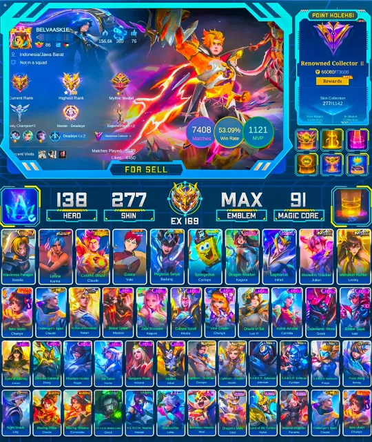 PRIME CLAUDE | Hero 138 - Skins 277 | More Details Check Screenshot | Moonton Login - All Empty, Sale, Rank: Mythical Immortal, Level: 116, Win Rate: 53%, Heroes: 138, Skins: 277