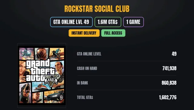 【SOCIAL CLUB】 👑 【GTA ONLINE】 ✨ 【1.6M PURE CASH GTA$】 🏆 【1 игр】 🎮 Grand Theft Auto V, Продажа