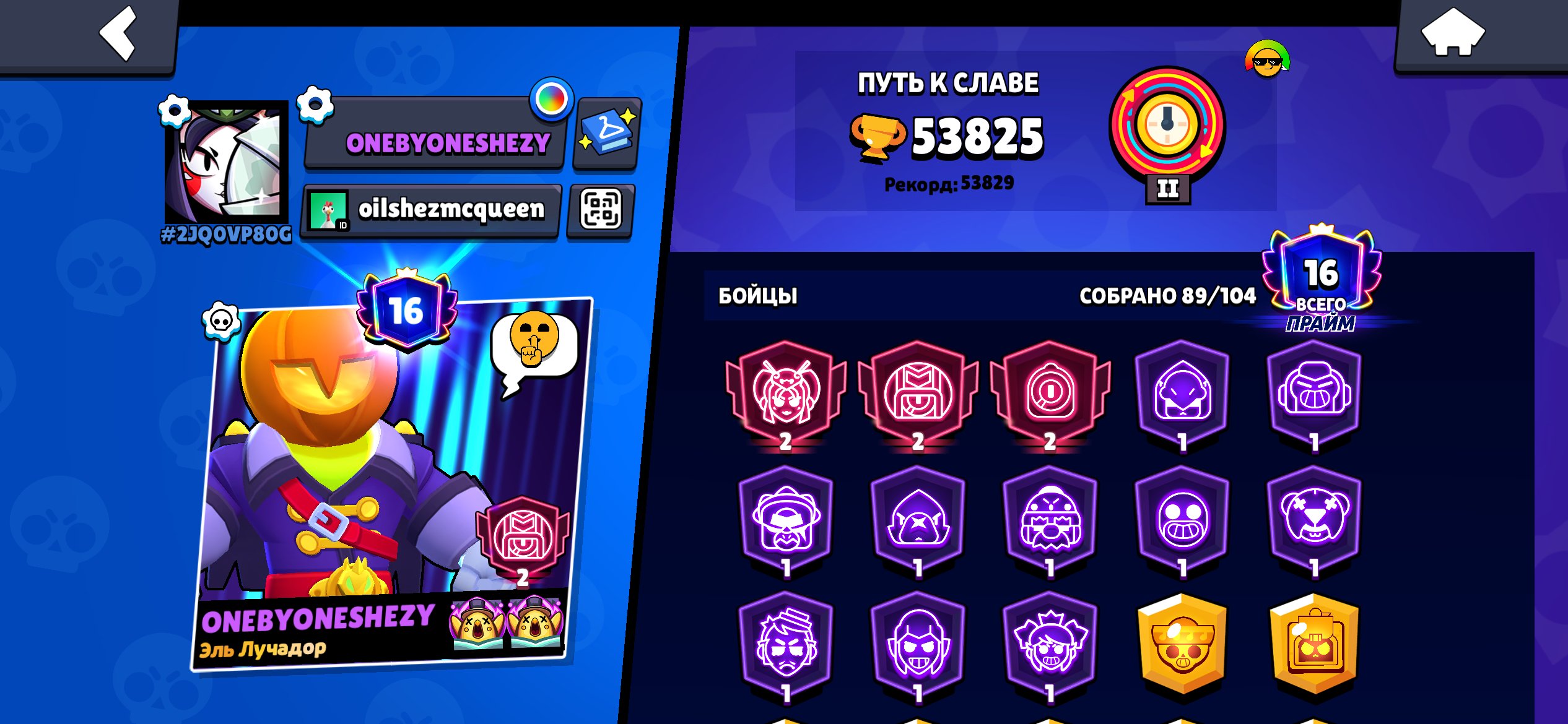 A large account, trophies 53825, brawlers 89, primes 16