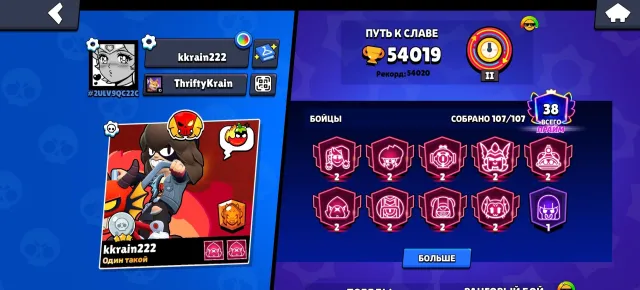 👑 54,000🏆 | 107/107 BRAWLERS |💎 2 HYPER+ 9 LEG +21 MYTHIC SKINS |244 GEMS, 54020 trophies, 107 brawlers, 38 primes
