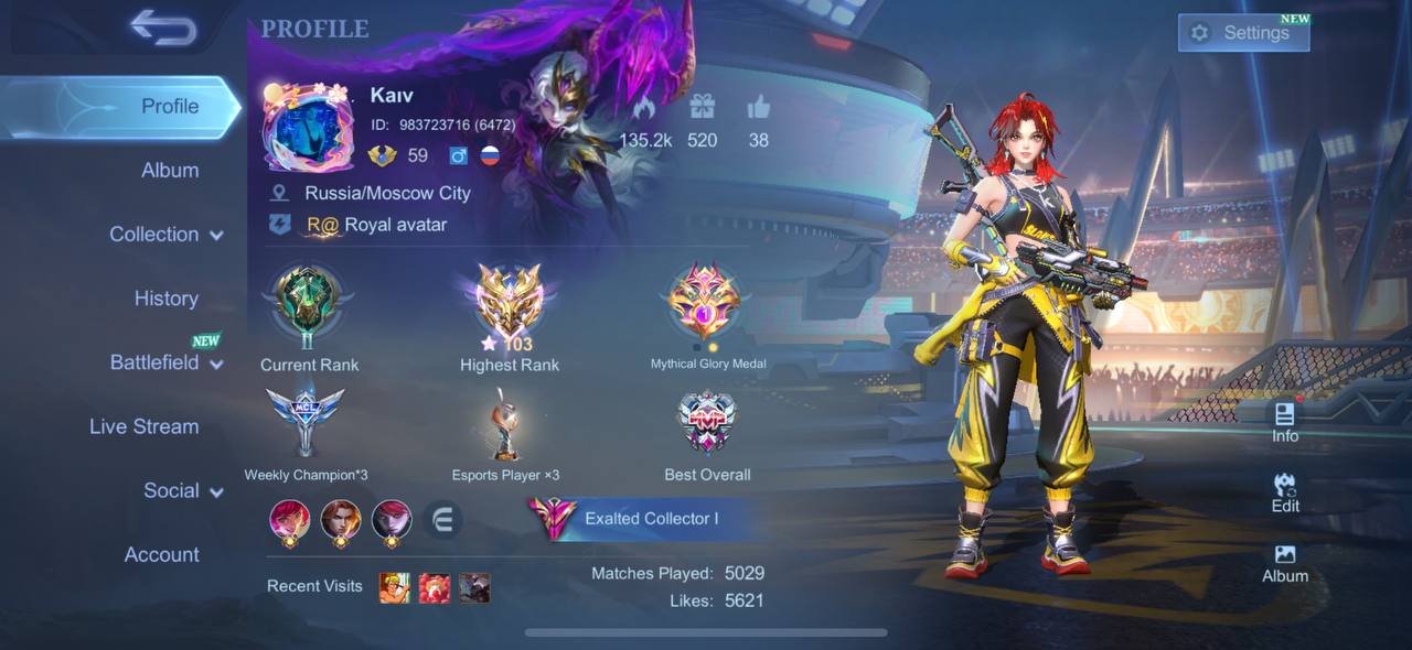 #MG96 Top Rank Mythical Immortal 103⭐; LEGEND Franco and Lesley; Infernal Wyrmlord Moscow;, Sale, Rank: Epic, Level: 59, Winrate: 53%, Heroes: 124, Skins: 402