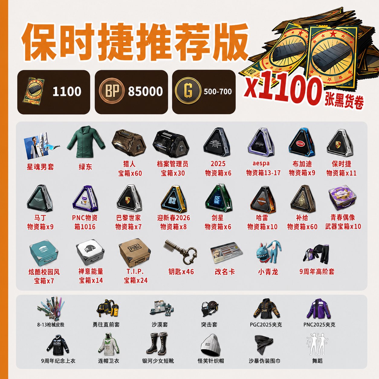 🎫 1100 COUPONS 230 🎁+ CHESTS 🏅 85,000 BP 🗝️ 46 XINGHUN SET 💵 G-Coin keys 🧥: 500–700, No BATTLEGROUNDS Plus