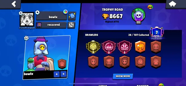 account with third prime on Shade (3140+ trophies) 2750 gas, 8667 trophies, 28 brawlers