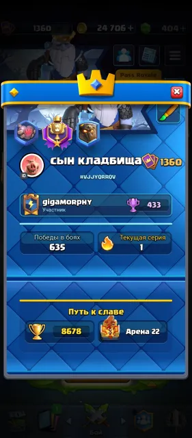 👑 Clash Royale 22 АРЕНА (8678🏆) | ТОП Прогресс | Личный аккаунт + Жирный инвентарь, 22 арена, 1360 уровень, 8650 кубков, 119 карт, Нет