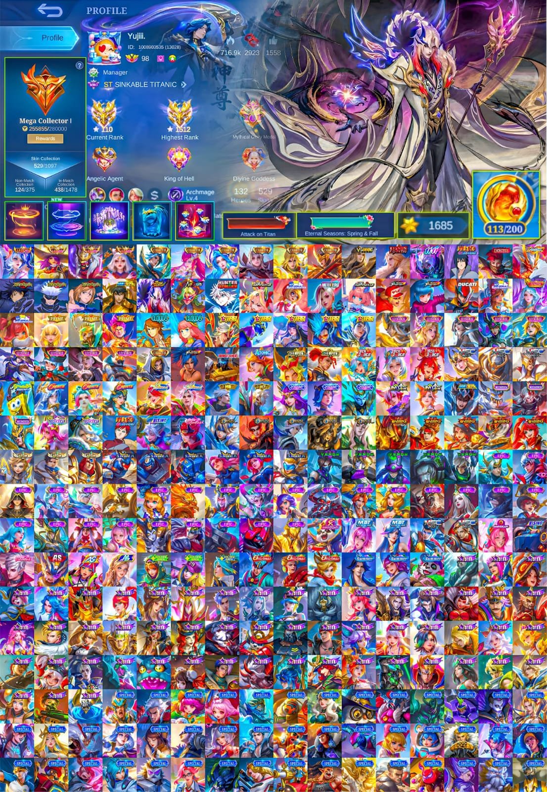 ✅🆔 1500+ stars 🌟 | Almost a World Collector | 4 Legends | 6 coins | Lots of event skins, Sale, Rank: Epic, Level: 98, Winrate: 64%, Heroes: 132, Skins: 530