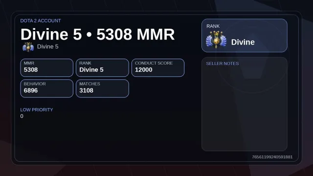 #DK351 Divine+5308 MMR+6896 comportement+12000 comportement+3108 matchs+1674 skins:10 ARCANA, Vente, 5300 MMR, 6800 intégrité, 3100 matchs, 3333 heures