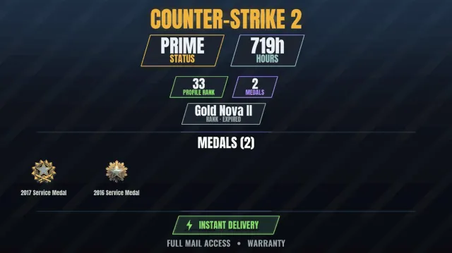 【CS2 Prime🏆719h🎮2 medals】 Service Medal 2016, Service Medal 2017, Sale, Inventory empty, Has PRIME