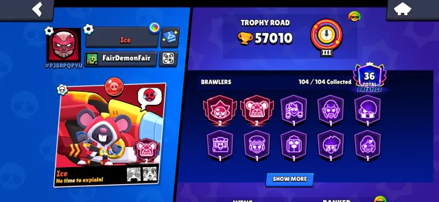 Account of 2021 bought 2 bp+ watch the video there is everything, trophies 57010, brawlers 104, primes 36