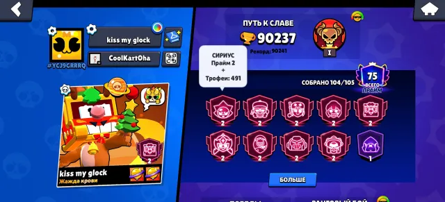 Top account in Brawl Stars, 90237 trophies, 104 brawlers, 75 primes