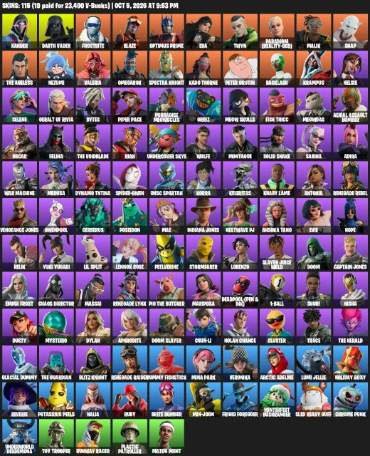 🖤115 SKINS🖤RENEGADE RAIDER🖤CHUN-LI🖤XANDER🖤DARTH VADER🖤, Sale, skins 115