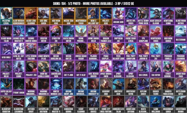 154 skins 👑 168 champions 👑 51.5K BE👑Caterpillar Kog'Maw👑Cowboy Ashe👑Cosmic Blade Master, Sale, level 193, champions 168, skins 154, No rank