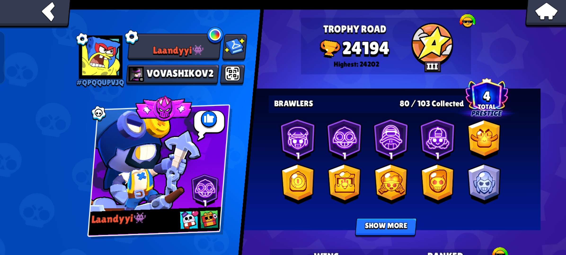The best account for a beginner 🔥 24,000+ total, trophies 24194, brawlers 80, primes 4