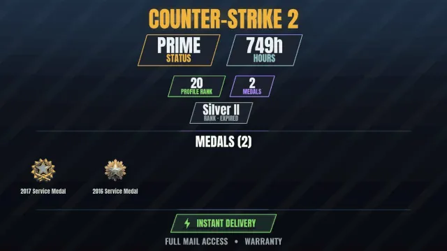 CS2 Prime🎯749h👑2 medals Medal for Service 2016, Medal for Service 2017, Sale, With inventory, Has PRIME