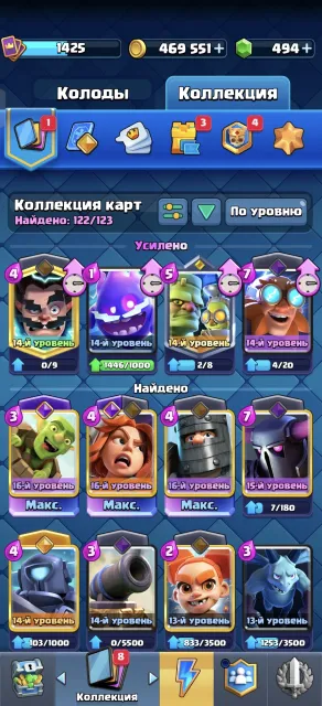 🔥Олд акаунт, топовый по своїй ціні, все швидко і якісно🔥 фастом, 13 арена, 1425 рівень, 11022 кубків, 122 карт, 24 лег, Ні