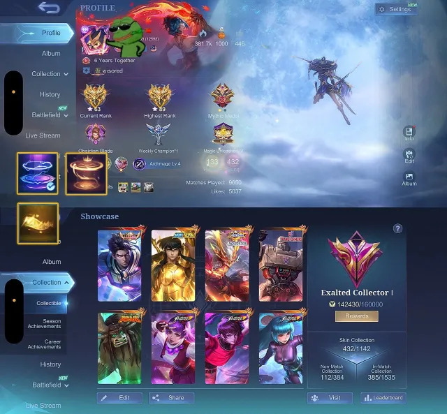 🔥 EXALTED 1⚔️ Alucard Legend 🏹 Moskov Allstar 🚗 Roger Transformer 🔥 Thamuz KAI 🥊 Chou Golden Libra, Продажа, Ранг: Мифический, Уровень: 99, Процент побед: 70%, Герои: 133, Облики: 432