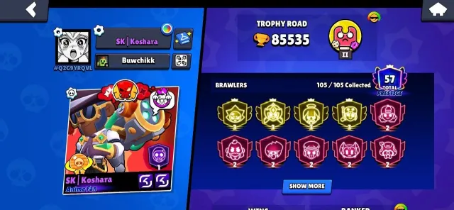 ⎛⎝СКИНЫ~34k💎⎠⎞⎧👑4х - 3 ПРАЙМОВ👑⎫⎧👤105/105👤⎫⎧⚔️44-11 СИЛ⚔️⎫⎧💸2 БП+ & 1 БП💸⎫⎧🥋321 СКИН~ОДИ ЛУМИ⎫, 85535 кубков, 105 бравлеров, 57 праймов